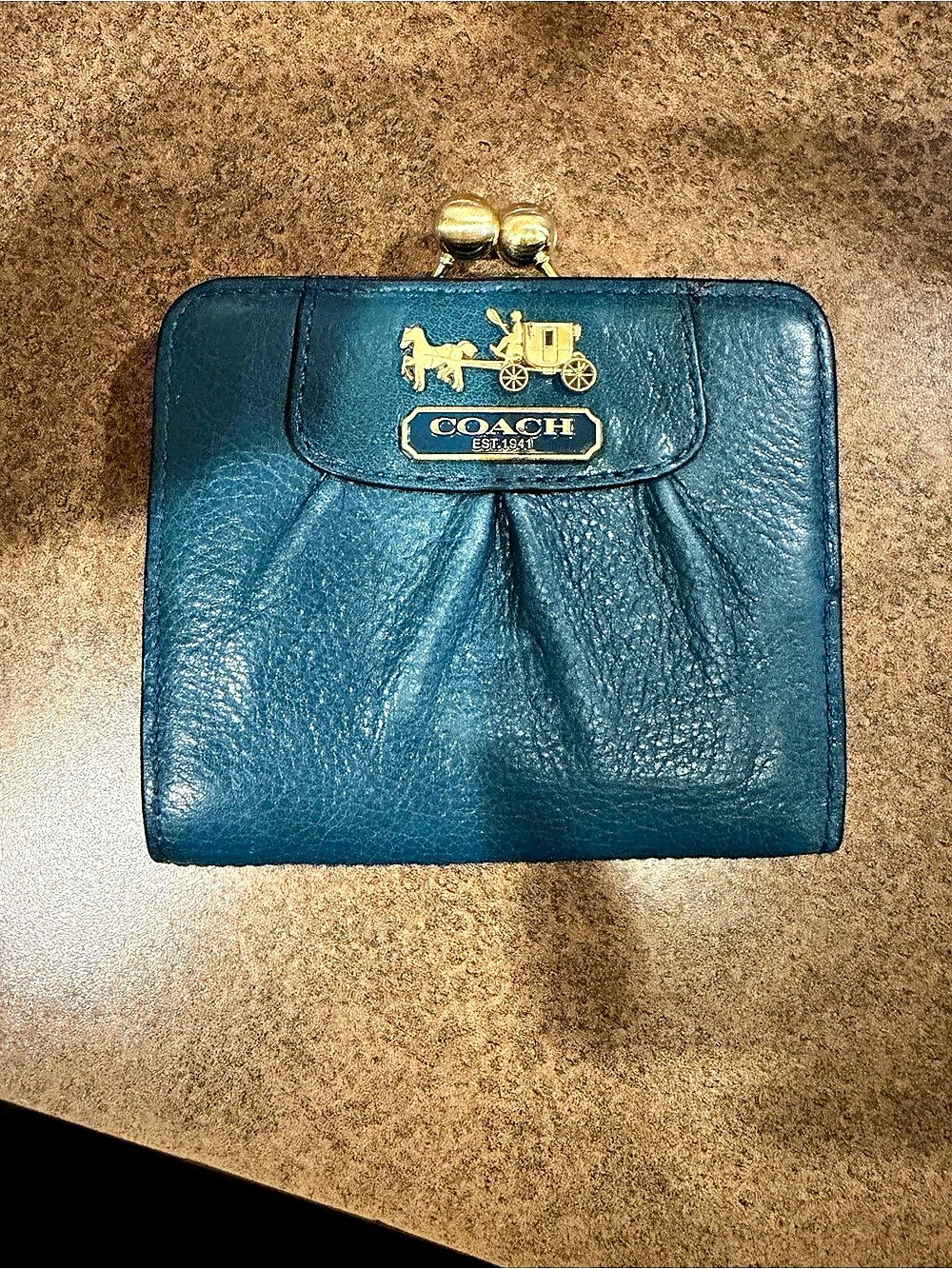Coach Leather Kiss-Lock Wallet in Blue & Pink